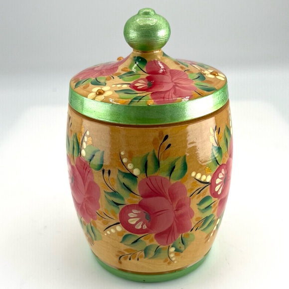 Other - Vintage Wooden Jar Lid Hand Painted Flowers Lathe Turned Lacquered